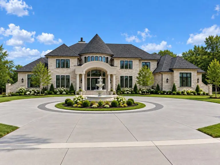 Ridgeline custom home in Menomonee Falls by Kingfogl – front elevation with fountain and circular drive