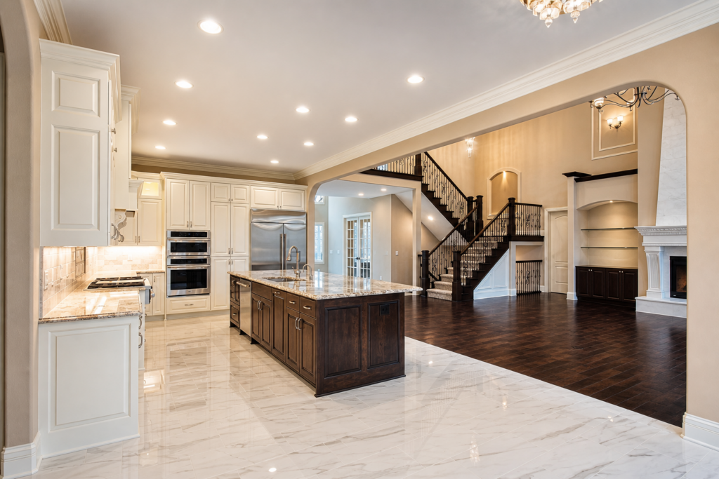 Kitchen and great room with Kingfogl finishes