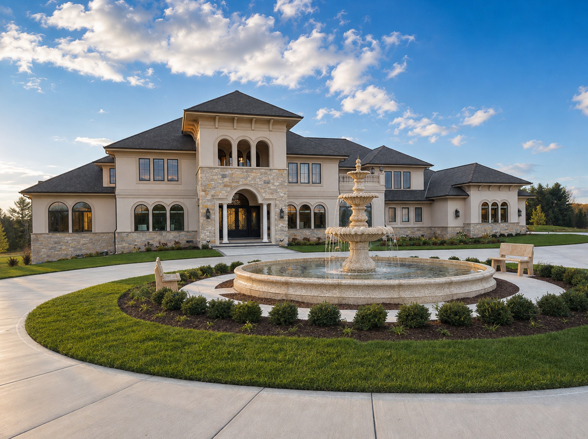 Prescott custom home by Kingfogl, front elevation with fountain courtyard and arched entry