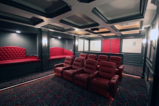 Haven home theater with red recliners