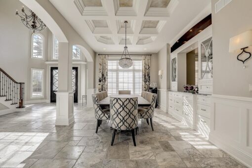 Wildwood dining room with coffered ceiling and columns