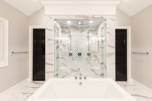 Woodland primary bath soaking tub and marble shower