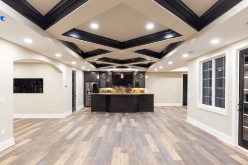 Woodland lower-level bar with coffered ceiling