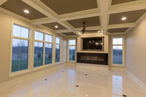 Callista hearth room with window wall and linear fireplace