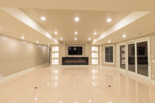 Callista lower-level family room with media wall