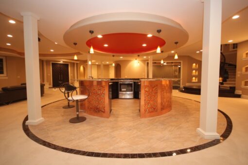 Haven lower-level bar with round red ceiling detail