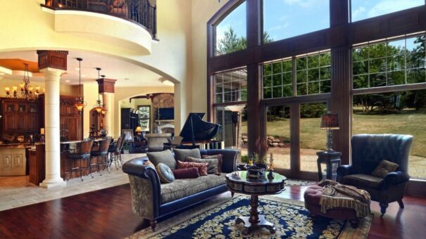 Buckingham great room with window wall and grand piano