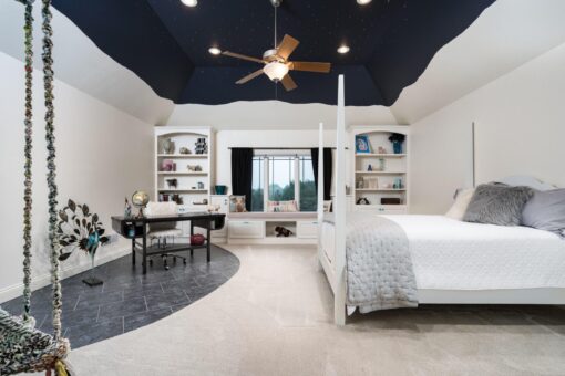 Brookridge bedroom with navy ceiling and built-ins