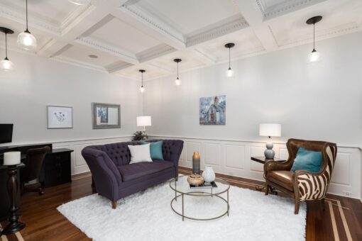 Brookridge living room with coffered ceiling