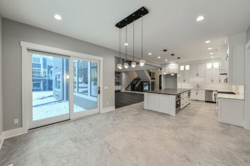 Hawks Ridge kitchen with sliding doors and linear pendant