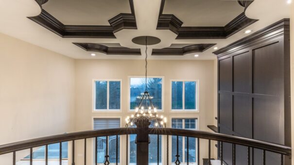 Davidson loft with coffered ceiling and chandelier