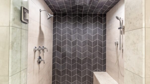 Davidson walk-in shower with black chevron tile
