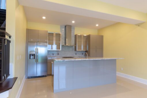 Ravenna lower-level kitchen with gray island