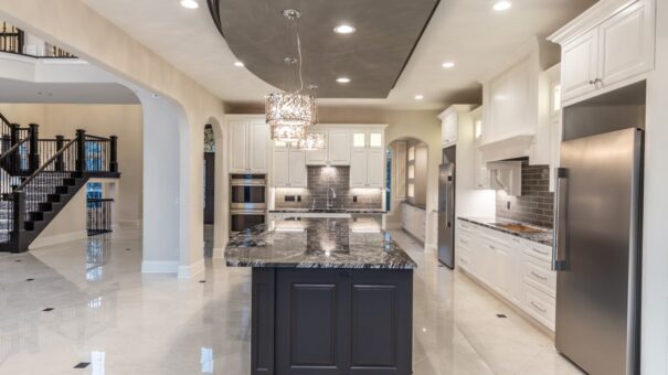 Davidson white kitchen with dark granite island