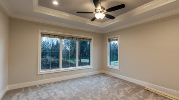 Davidson bedroom with tray ceiling and ceiling fan