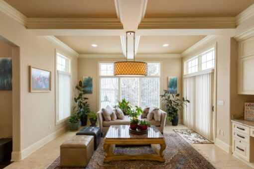 Summerhill family room with tray ceiling and window wall