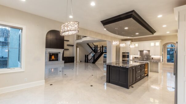 Davidson kitchen with dark island and ceiling detail