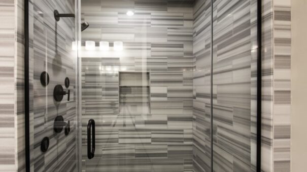 Bella Haven shower with striped marble tile