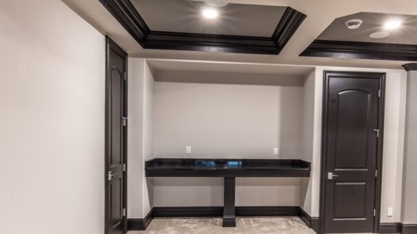 Davidson lower-level built-in desk with dark trim