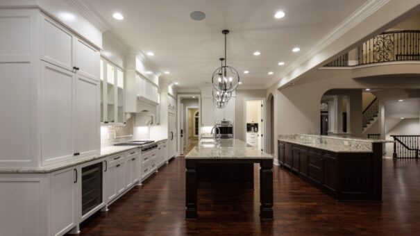 Bella Haven kitchen with lantern pendants and white cabinetry