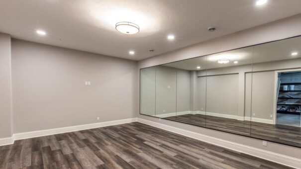 Davidson lower-level exercise room with mirrored wall