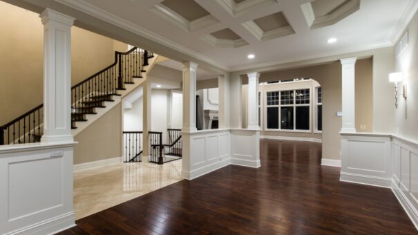 Bella Haven dining room with coffered ceiling and columns