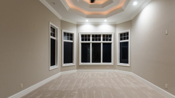 Bella Haven primary bedroom with tray ceiling and bay windows