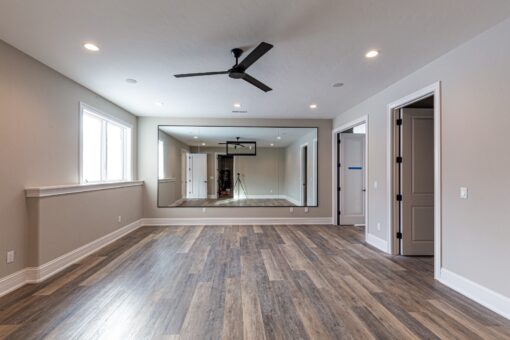 Birchwood lower-level room with ceiling fan