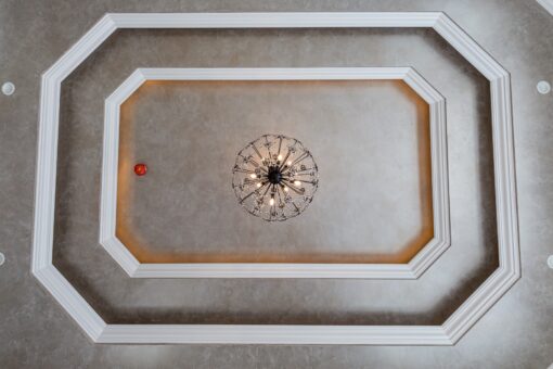 Birchwood tray ceiling with chandelier