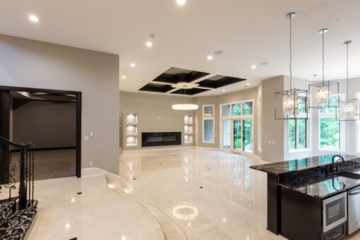 Shire lower-level family room with coffered ceiling