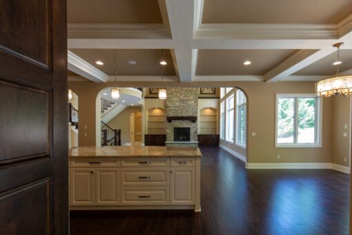 Rivendell kitchen with white island and view to the great room