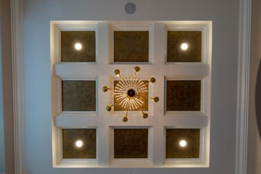 Grand Haven coffered ceiling with chandelier