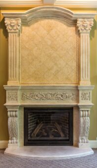 Brandywine carved stone fireplace detail