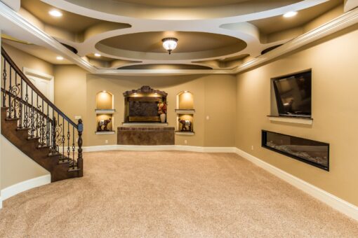 Brandywine lower-level family room with linear fireplace