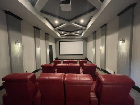 Shire home theater with red recliners