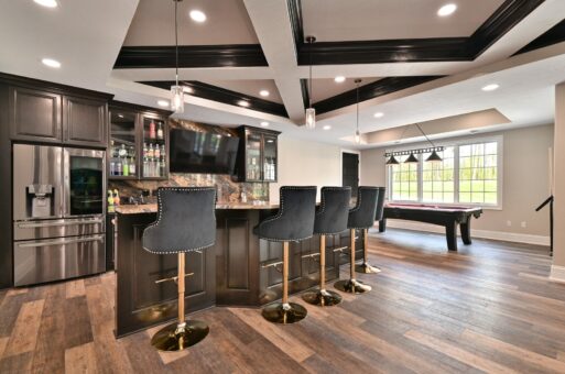 Woodland lower-level bar seating and coffered ceiling