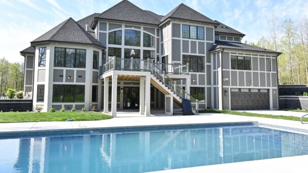 Woodland rear elevation with pool and covered porch