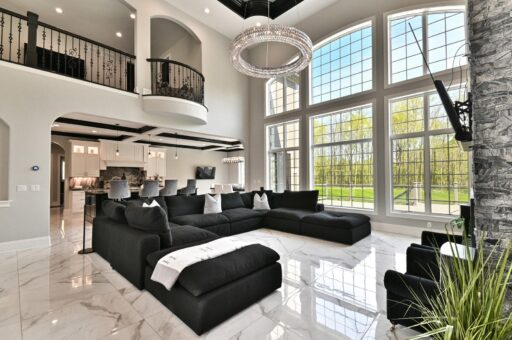 Woodland great room with window wall and sectional