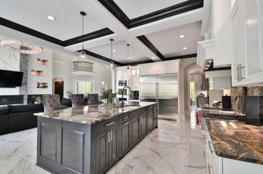 Woodland kitchen with granite island and coffered ceiling