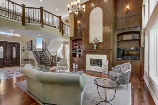 Talon great room fireplace with wood overmantel