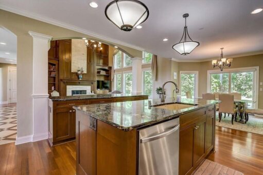 Talon kitchen with wood island and pendant lights