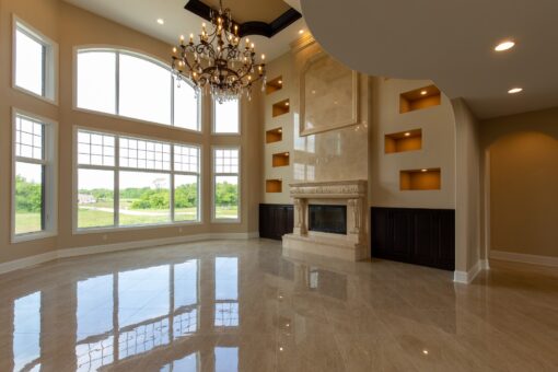 Stone Creek great room window wall and lit niches