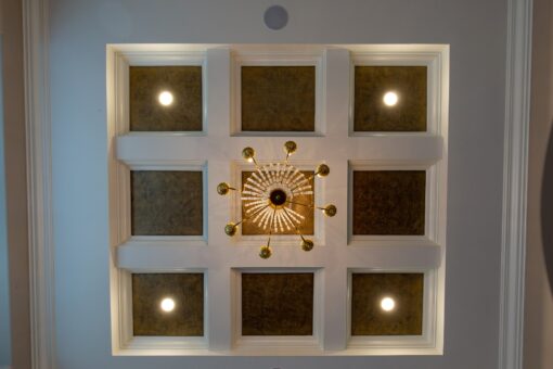 Grand Haven coffered ceiling with chandelier