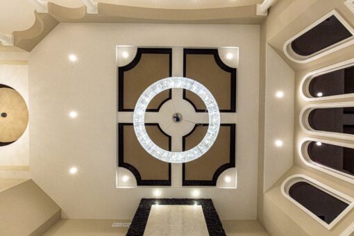 Kingfogl custom home ceiling with crystal ring medallion and coffered inlays