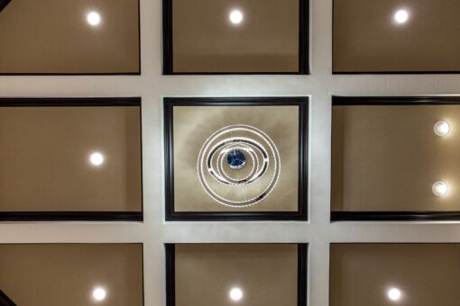 Kingfogl custom home grid coffered ceiling with crystal medallion fixture