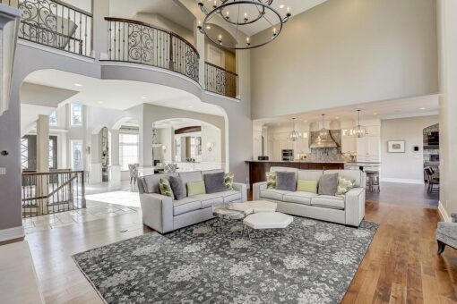 Wildwood great room with balcony and view to the kitchen