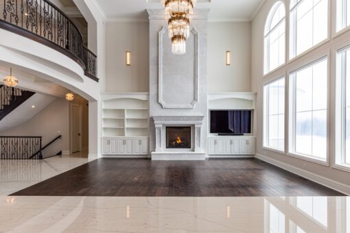 Prescott great room fireplace wall and window wall