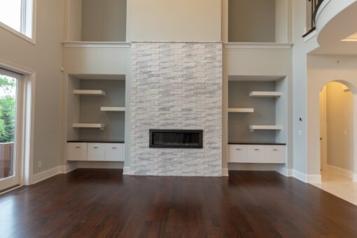 Ravenna great room linear fireplace with stacked stone
