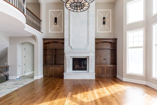 Birchwood great room fireplace with built-ins