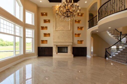 Stone Creek great room with fireplace and balcony